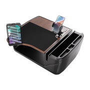 The AutoExec GripMaster Efficiency Car Desk, finished in wood and black, features integrated tablet and phone holders along with multiple storage compartments to organize devices and office supplies. Equipped with Mega Grip™ and Slim-Grip® Ultra Pro drill-base mounts for secure installation, this desk is an ideal solution for professionals on the go.