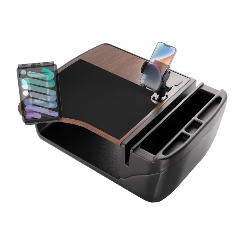 The AutoExec GripMaster Efficiency Car Desk, finished in wood and black, features integrated tablet and phone holders along with multiple storage compartments to organize devices and office supplies. Equipped with Mega Grip™ and Slim-Grip® Ultra Pro drill-base mounts for secure installation, this desk is an ideal solution for professionals on the go.