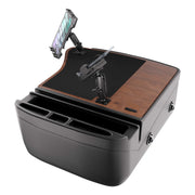 The AutoExec GripMaster Efficiency Car Desk in black and wood-tone features convenient slots, two device mounts—including Mega Grip™ for your smartphone and Slim-Grip® Ultra Pro for your tablet—cup holder sections, and a stable drill-base mount that effortlessly transforms your car interior into a versatile workspace.