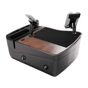 The AutoExec GripMaster Efficiency Car Desk with Mega Grip™ and Slim-Grip® Ultra Pro Drill-Base Mounts features a sleek black and wood-finish design, two adjustable tablet holders, cup holders, and spacious storage compartments—perfect for keeping your essentials organized while securely using your tablet or transforming your vehicle into an efficient mobile workspace.