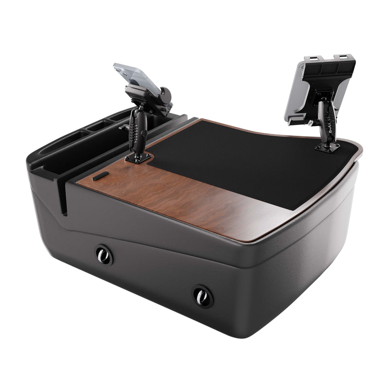 The AutoExec GripMaster Efficiency Car Desk with Mega Grip™ and Slim-Grip® Ultra Pro Drill-Base Mounts features a sleek black and wood-finish design, two adjustable tablet holders, cup holders, and spacious storage compartments—perfect for keeping your essentials organized while securely using your tablet or transforming your vehicle into an efficient mobile workspace.