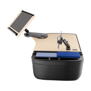 Introducing the AutoExec Reach Front Seat Car Desk with RoadVise® Ultra Pro Drill-Base Mount—a versatile and adjustable desk organizer designed for your car or office. This sleek workstation features a wooden work surface, tablet stand, and an integrated phone holder on a modern black base. With multiple compartments—including a pen holder and space for blue index cards—you can neatly organize all your essentials. Perfect as a compact mobile workstation at home, in the office, or right in your vehicle for