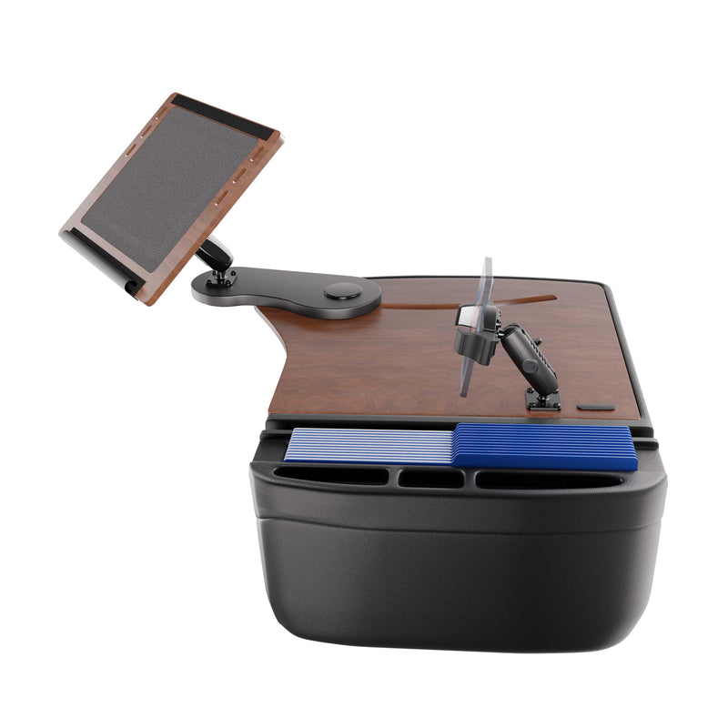 Introducing the AutoExec Reach Front Seat Car Desk with RoadVise® Ultra Pro Drill-Base Mount—a sleek and compact mobile workstation featuring a durable wooden top, an integrated card shuffler, poker chips, and a versatile adjustable tablet stand. This innovative desk is thoughtfully designed to transform your vehicle into a stylish office or game station, complete with convenient amenities such as a phone holder for enhanced functionality.