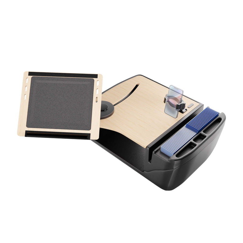 Introducing the AutoExec Reach Front Seat Car Desk with RoadVise® Ultra Pro Drill-Base Mount—a versatile mobile workstation featuring a durable wooden tray, secure card or device slots for organization, a convenient built-in phone holder, and a sleek black base. Thoughtfully designed for on-the-go professionals and tabletop enthusiasts alike, this organizer delivers exceptional functionality and style wherever your workday takes you.