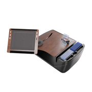Certainly! Here’s the rewritten sentence using the provided product data: The AutoExec Reach Front Seat Car Desk with RoadVise® Ultra Pro Drill-Base Mount features a wood-finish tray, a dedicated slot for organizing cards, a clear chip holder, sections to store multiple decks of playing cards, and an integrated phone holder—making it a convenient addition to your mobile workstation.