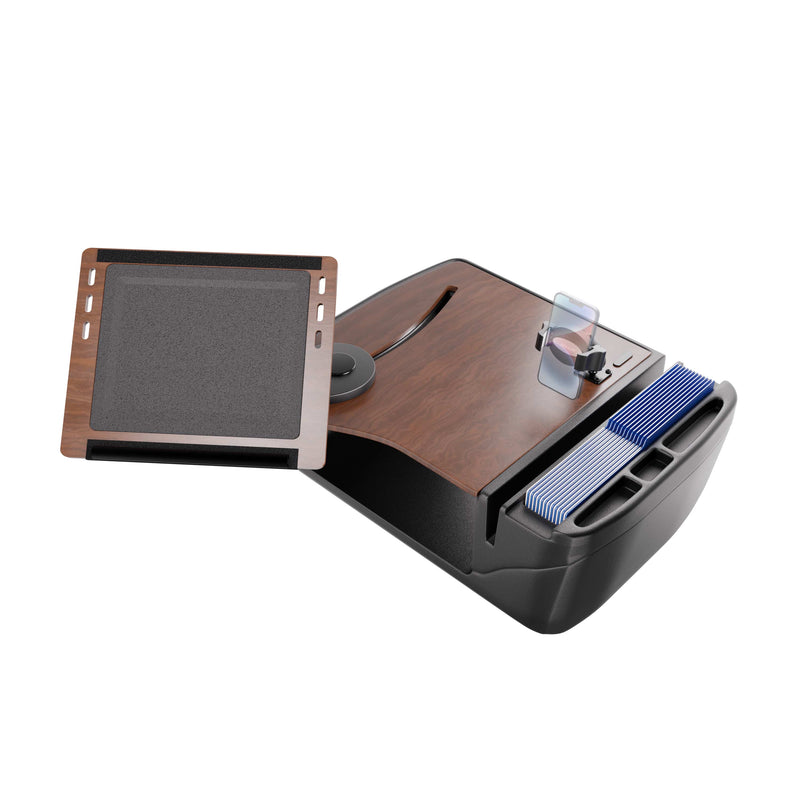 Certainly! Here’s the rewritten sentence using the provided product data: The AutoExec Reach Front Seat Car Desk with RoadVise® Ultra Pro Drill-Base Mount features a wood-finish tray, a dedicated slot for organizing cards, a clear chip holder, sections to store multiple decks of playing cards, and an integrated phone holder—making it a convenient addition to your mobile workstation.