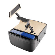 The AutoExec Reach Front Seat Car Desk with RoadVise® Ultra Pro Drill-Base Mount features a sturdy wooden work surface, integrated tablet and phone holder, a document organizer with blue folders, and multiple storage compartments—making it the ideal solution for an efficient mobile workstation on the go.