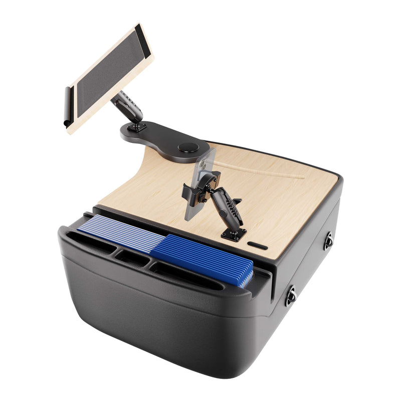 The AutoExec Reach Front Seat Car Desk with RoadVise® Ultra Pro Drill-Base Mount features a sturdy wooden work surface, integrated tablet and phone holder, a document organizer with blue folders, and multiple storage compartments—making it the ideal solution for an efficient mobile workstation on the go.