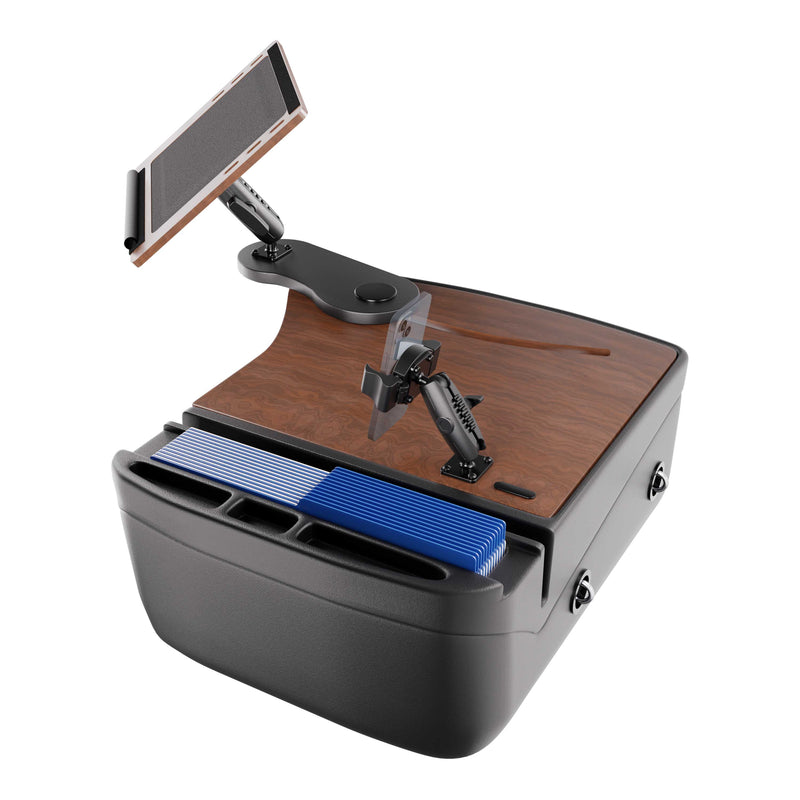 The AutoExec Reach Front Seat Car Desk with RoadVise® Ultra Pro Drill-Base Mount features a wooden surface, an adjustable arm for securely holding your screen, an integrated phone holder, blue file folders stored neatly in a dedicated slot, and multiple compartments to organize office supplies—making it the ideal solution for maintaining a tidy and efficient mobile workstation on the go.