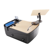 Introducing the AutoExec Reach Front Seat Car Desk with RoadVise® Ultra Pro Drill-Base Mount—a modern car desk featuring a wood-finish top, integrated card slot, and an adjustable phone holder for smartphones or small screens, all set in a sleek black base. It’s the perfect accessory for your mobile workstation or car desk setup.