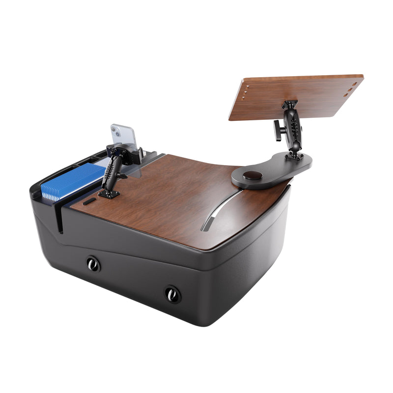 The AutoExec Reach Front Seat Car Desk with RoadVise® Ultra Pro Drill-Base Mount features a wood finish top, adjustable phone holder, tablet holders, built-in storage compartments, and two convenient front USB ports—making it the ideal portable mobile workstation for your car or on-the-go productivity.