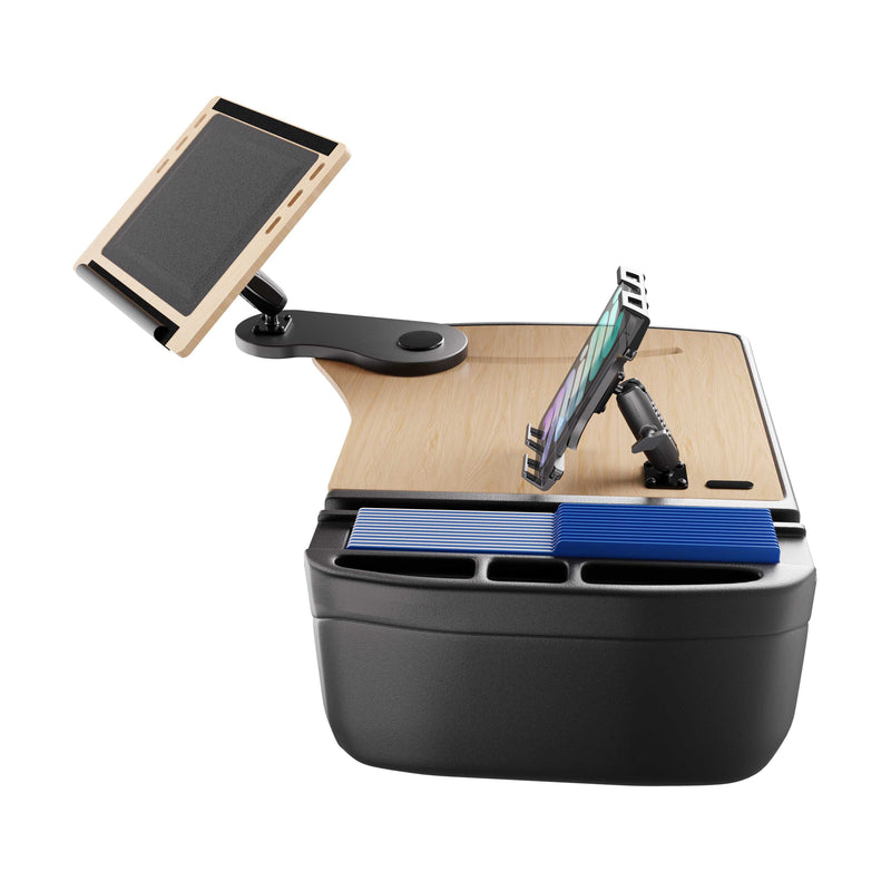 Introducing the AutoExec Reach Front Seat Car Desk with Slim-Grip® Ultra Pro Drill-Base Mount by Arkon Mounts—a versatile car desk designed with multiple compartments for storage, plus dedicated slots for cards, an integrated phone holder, and an adjustable tablet mount. Its sturdy black base transforms any vehicle’s front seat into a tidy and efficient mobile workspace wherever you go.