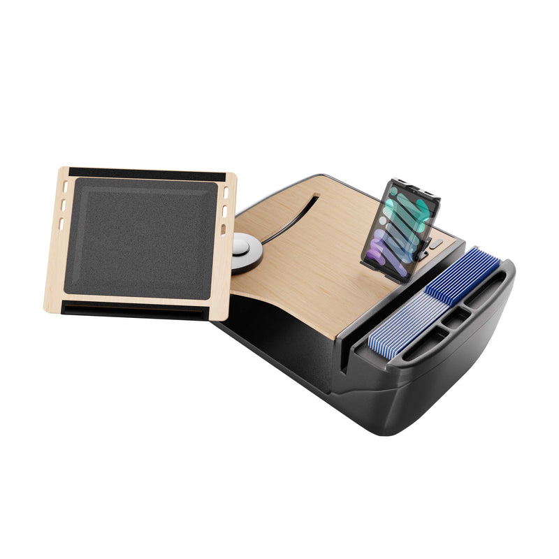 The AutoExec Reach Front Seat Car Desk with Slim-Grip® Ultra Pro Drill-Base Mount by Arkon Mounts features a sleek wooden tray, dedicated slots for your smartphone and cards, and multiple compartments on a sturdy black base—ideal for creating an efficient mobile workspace or keeping your essentials organized as a car desk.
