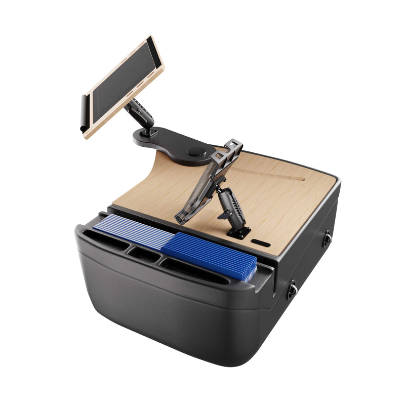 Introducing the AutoExec Reach Front Seat Car Desk with Slim-Grip® Ultra Pro Drill-Base Mount by Arkon Mounts—a sleek black and wood organizer featuring dedicated slots for folders, adjustable holders for your tablet and phone, and multiple compartments for office supplies. Perfect for turning your vehicle into an efficient mobile workspace whenever you need productivity on the go.