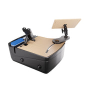 The AutoExec Reach Front Seat Car Desk with Slim-Grip® Ultra Pro Drill-Base Mount by Arkon Mounts features a sturdy wooden work surface, dedicated device stands for your smartphone and tablet, integrated cardholder, and convenient cup slots—perfectly designed for tabletop use to create an efficient mobile workspace wherever you go.