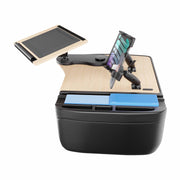 The AutoExec Reach Front Seat Car Desk with Slim-Grip® Ultra Pro and RoadVise® Ultra Pro Drill-Base Mount is a portable mobile workstation featuring a wooden surface, adjustable holders for your tablet and phone, convenient storage compartments stocked with blue index cards, all supported by a sleek black base.