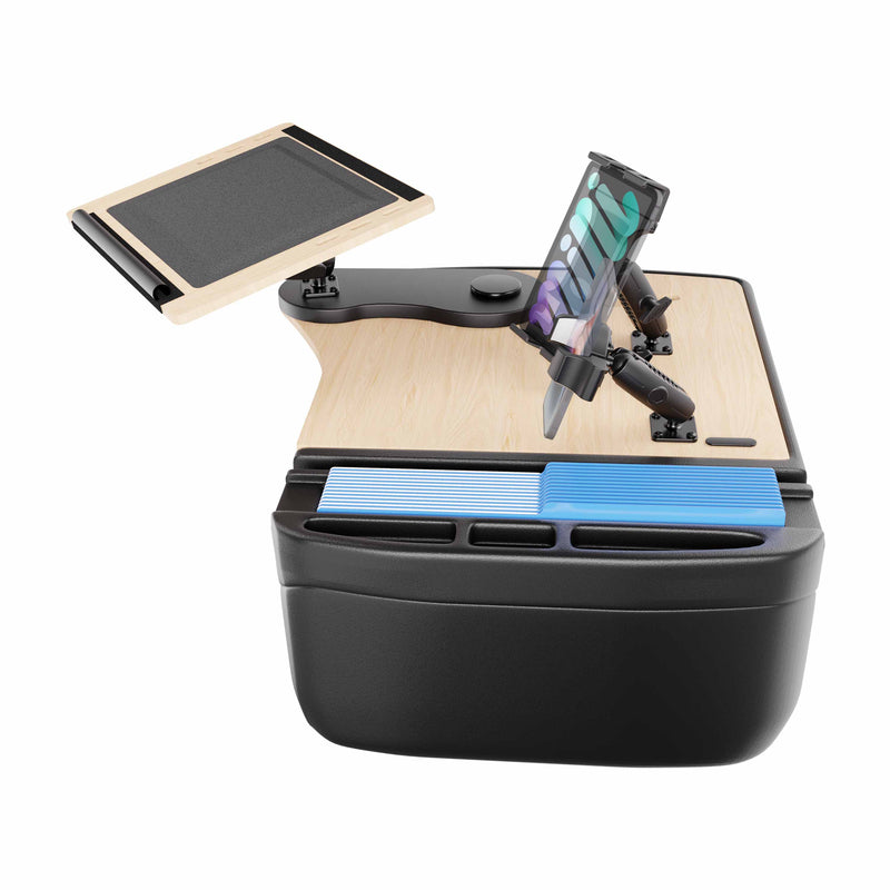 The AutoExec Reach Front Seat Car Desk with Slim-Grip® Ultra Pro and RoadVise® Ultra Pro Drill-Base Mount is a portable mobile workstation featuring a wooden surface, adjustable holders for your tablet and phone, convenient storage compartments stocked with blue index cards, all supported by a sleek black base.
