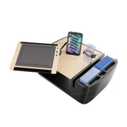 Introducing the AutoExec Reach Front Seat Car Desk with Slim-Grip® Ultra Pro and RoadVise® Ultra Pro Drill-Base Mount—a versatile mobile workstation. This black and wood desk features a raised device holder, slots for your phone, pens, sticky notes, and other office supplies, plus an adjustable writing surface for maximum convenience. Perfect for on-the-go professionals, its built-in tablet holder keeps your tech secure while you work from anywhere—even in your car.