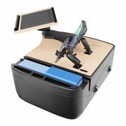 The AutoExec Reach Front Seat Car Desk with Slim-Grip® Ultra Pro and RoadVise® Ultra Pro Drill-Base Mount features a black and wood design, versatile holders for both phones and tablets, convenient card slots filled with blue cards, side storage compartments, and a raised wooden dice tray—making it the perfect solution for transforming any surface into an efficient mobile workstation or car desk.