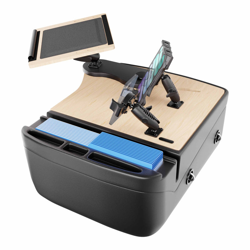 The AutoExec Reach Front Seat Car Desk with Slim-Grip® Ultra Pro and RoadVise® Ultra Pro Drill-Base Mount features a black and wood design, versatile holders for both phones and tablets, convenient card slots filled with blue cards, side storage compartments, and a raised wooden dice tray—making it the perfect solution for transforming any surface into an efficient mobile workstation or car desk.