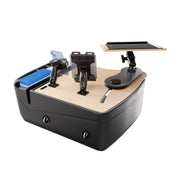 The AutoExec Reach Front Seat Car Desk with Slim-Grip® Ultra Pro and RoadVise® Ultra Pro Drill-Base Mount features a sleek light wood work surface, integrated card and chip holders, and adjustable mounts for your phone, tablet holder, and display—all housed on a sturdy black rectangular base—making it the perfect addition to any mobile workstation.