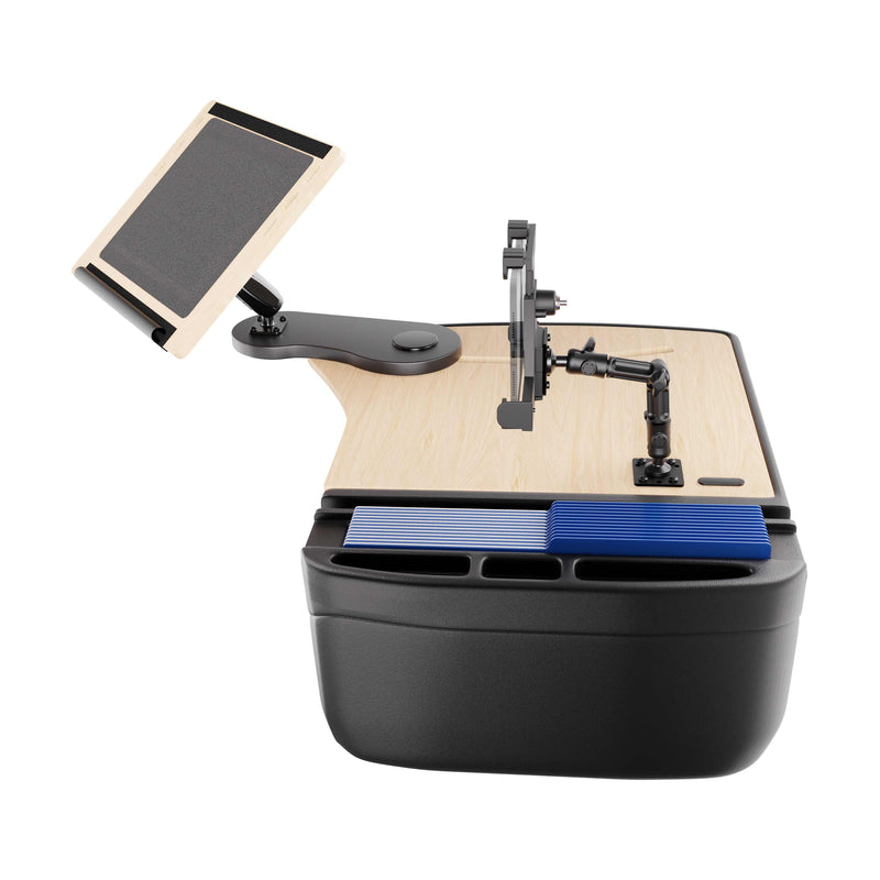 The AutoExec Reach Front Seat Car Desk with LockVise™ Locking Tablet Multi-Angle Mount is a modern mobile workstation featuring a light wood surface and black base, multiple storage compartments, blue folders, an adjustable locking tablet mount, and a dedicated phone holder—making it the ideal versatile car desk for productivity on the go.