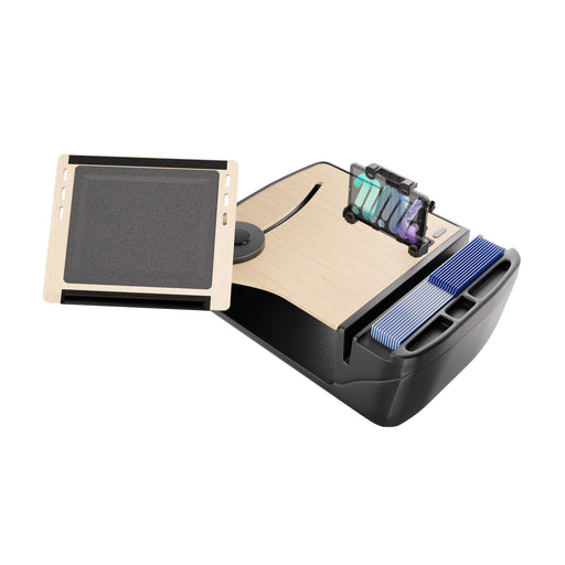 The AutoExec Reach Front Seat Car Desk with LockVise™ Locking Tablet Multi-Angle Mount is a modern office organizer designed with a sleek light wood and black finish, featuring a secure tablet mount, multiple file slots, pen holder, and compartments for small accessories—perfect for transforming your car into a versatile mobile workstation.