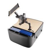 The AutoExec Reach Front Seat Car Desk with LockVise™ Locking Tablet Multi-Angle Mount features a wooden work surface, adjustable locking tablet mount, and organized trays for files and pens—transforming your car seat into a convenient mobile workstation.