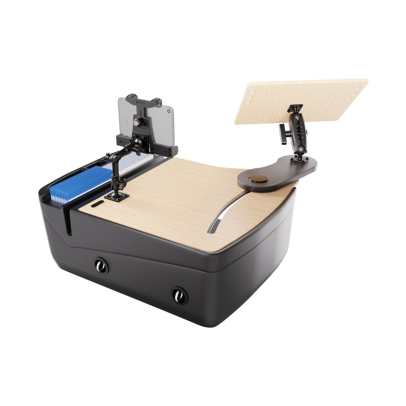 Introducing the AutoExec Reach Front Seat Car Desk with LockVise™ Locking Tablet Multi-Angle Mount—a compact and modern workstation featuring a sleek wood and black finish. This versatile desk holds a deck of cards, securely mounts your smartphone or tablet with the LockVise™ mount, and includes an adjustable display board. Perfect for use at your car desk or as part of your mobile workstation.
