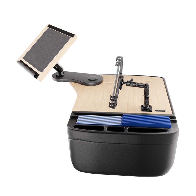 The AutoExec Reach Front Seat Car Desk with Slim-Grip® Ultra Pro Multi-Angle Mount by Arkon Mounts features an adjustable mount that serves as a versatile tablet holder, seamlessly integrated with a light wood and black organizer. This mobile workstation offers multiple compartments and stacked blue cards for optimal organization.