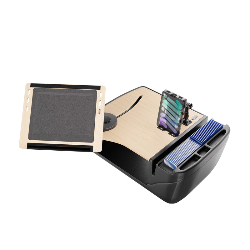 The Arkon Mounts AutoExec Reach Front Seat Car Desk with Slim-Grip® Ultra Pro Multi-Angle Mount features a sturdy wooden armrest, device holder, ink caps, and neatly organized blue disposable sleeves in a sleek black base—making it an ideal choice for an on-the-go mobile workstation or studio car desk setup.