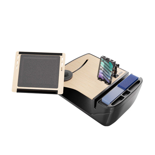 The Arkon Mounts AutoExec Reach Front Seat Car Desk with Slim-Grip® Ultra Pro Multi-Angle Mount features a sturdy wooden armrest, device holder, ink caps, and neatly organized blue disposable sleeves in a sleek black base—making it an ideal choice for an on-the-go mobile workstation or studio car desk setup.