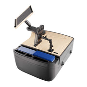 The AutoExec Reach Front Seat Car Desk with Slim-Grip® Ultra Pro Multi-Angle Mount by Arkon Mounts is a portable workstation featuring a wood-finish surface, an adjustable tablet holder, pen slots, and space for organizing blue folders—perfect for use on a couch or bed.