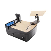 The AutoExec Reach Front Seat Car Desk with Slim-Grip® Ultra Pro Multi-Angle Mount by Arkon Mounts is a modern black and wood mobile workstation designed for your car, featuring an angled phone holder, adjustable tablet mount, card holder, and integrated compartments.