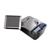 The AutoExec Reach Front Seat Car Desk with RoadVise® Ultra Pro Drill-Base Mount features a black automatic card shuffler complete with a tray, card-drawing slot, and two sets of blue playing cards partially inserted in the front compartment—an ideal addition for bringing a touch of gaming fun to your mobile workstation or car desk setup.