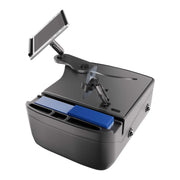The AutoExec Reach Front Seat Car Desk with RoadVise® Ultra Pro Drill-Base Mount features a built-in adjustable tablet holder, a dedicated phone holder, a pen or pencil slot, and a compartment for storing blue index cards—perfect for creating an efficient mobile workstation in your vehicle.