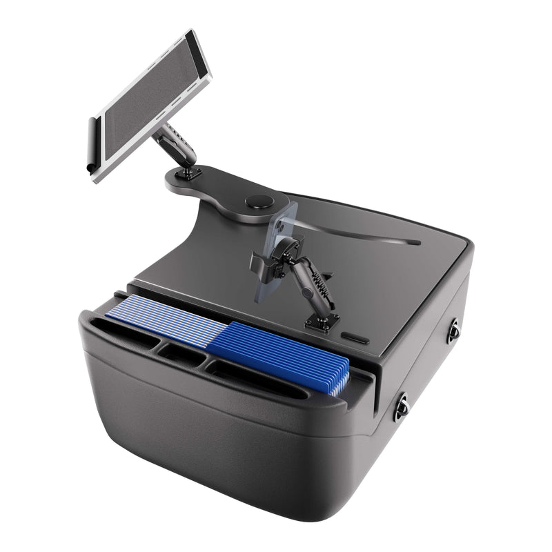 The AutoExec Reach Front Seat Car Desk with RoadVise® Ultra Pro Drill-Base Mount features a built-in adjustable tablet holder, a dedicated phone holder, a pen or pencil slot, and a compartment for storing blue index cards—perfect for creating an efficient mobile workstation in your vehicle.
