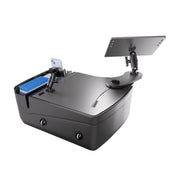 The AutoExec Reach Front Seat Car Desk with RoadVise® Ultra Pro Drill-Base Mount is a black rectangular workstation with rounded edges, equipped with two adjustable mounts for flat panels, including a distinctive blue section on one corner and visible connectors on the front—ideal for use as a car desk or mobile workstation.