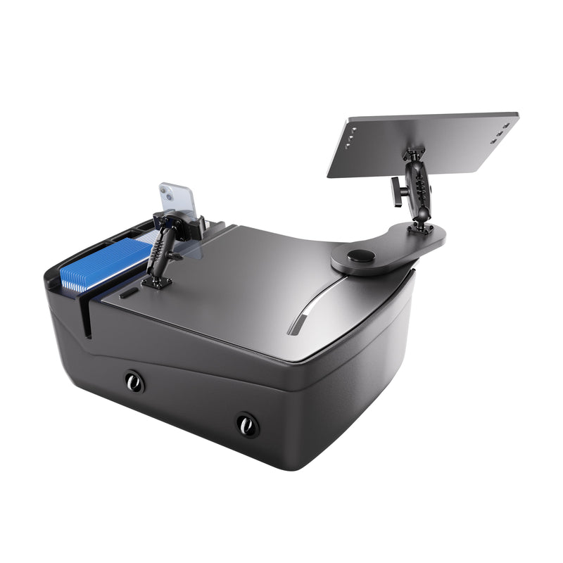 The AutoExec Reach Front Seat Car Desk with RoadVise® Ultra Pro Drill-Base Mount is a black rectangular workstation with rounded edges, equipped with two adjustable mounts for flat panels, including a distinctive blue section on one corner and visible connectors on the front—ideal for use as a car desk or mobile workstation.