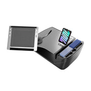 The AutoExec Reach Front Seat Car Desk with Slim-Grip® Ultra Pro Drill-Base Mount by Arkon Mounts features a sleek black design with a phone dock displaying a vibrant screen, an angled platform perfect for holding a tablet, and right-side compartments housing blue cards—making it an ideal accessory for any mobile workspace.