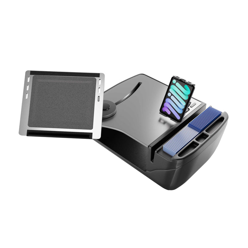The AutoExec Reach Front Seat Car Desk with Slim-Grip® Ultra Pro Drill-Base Mount by Arkon Mounts features a sleek black design with a phone dock displaying a vibrant screen, an angled platform perfect for holding a tablet, and right-side compartments housing blue cards—making it an ideal accessory for any mobile workspace.