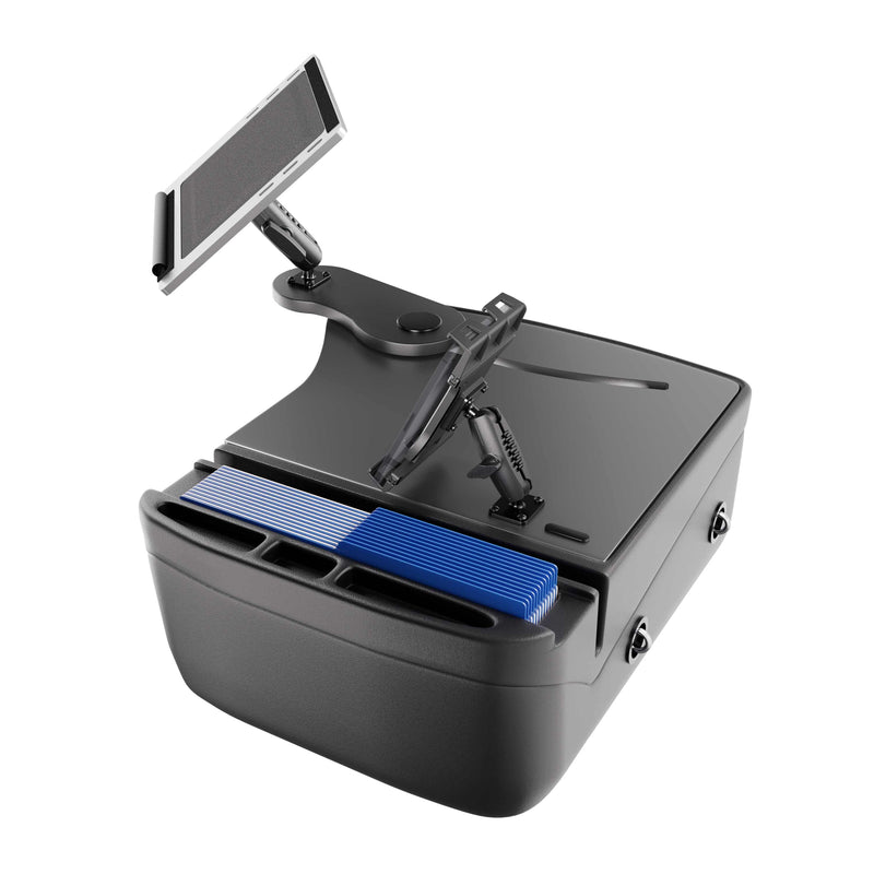 The AutoExec Reach Front Seat Car Desk with Slim-Grip® Ultra Pro Drill-Base Mount by Arkon Mounts is a sleek black and gray electronic device featuring two adjustable screens and several blue cards or dividers stored in a front compartment. Designed with modern rounded edges, this innovative mobile workspace includes a built-in tablet holder, making it ideal for on-the-go productivity.