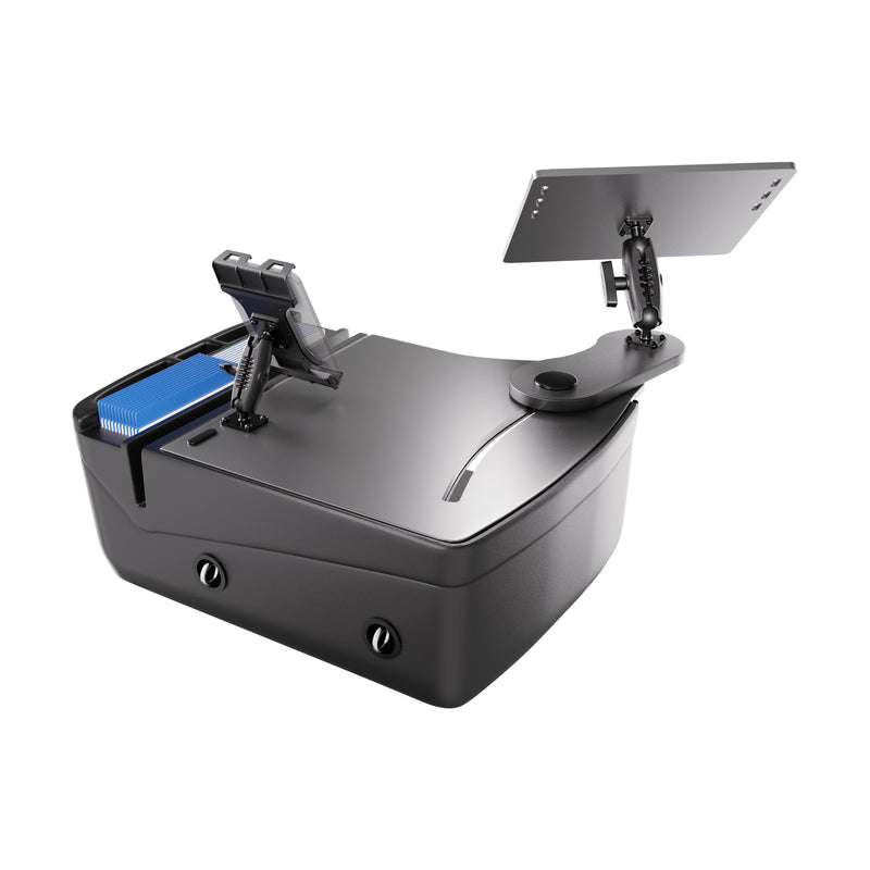 The Arkon Mounts AutoExec Reach Front Seat Car Desk with Slim-Grip® Ultra Pro Drill-Base Mount is a black electronic solution featuring adjustable mounts that securely hold both a tablet and phone, multiple ports, and a distinctive blue textured section on one side—ideal for transforming your vehicle into an efficient mobile workspace as a versatile car desk or tablet holder.