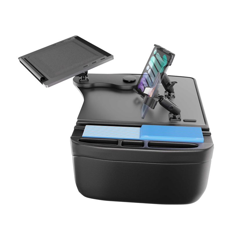 The AutoExec Reach Front Seat Car Desk with Slim-Grip® Ultra Pro and RoadVise® Ultra Pro Drill-Base Mount is a black car organizer featuring a fold-out tray, secure phone mount for your smartphone, and blue-tinted storage compartments—designed to fit on your car seat and serve as a compact mobile workstation or desk for convenient organization on the go.