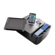 The AutoExec Reach Front Seat Car Desk with Slim-Grip® Ultra Pro and RoadVise® Ultra Pro Drill-Base Mount serves as a mobile workstation, featuring compartments designed to securely hold your tablet, smartphone, sticky notes, pens, and other office supplies.
