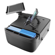 Certainly! Here’s your rewritten sentence using the provided product data: The AutoExec Reach Front Seat Car Desk with Slim-Grip® Ultra Pro and RoadVise® Ultra Pro Drill-Base Mount is a black in-car gaming accessory featuring slots to hold your cards, integrated card stands, and adjustable holders that also function as a tablet holder or serve as a mobile workstation for your phone or small screen.