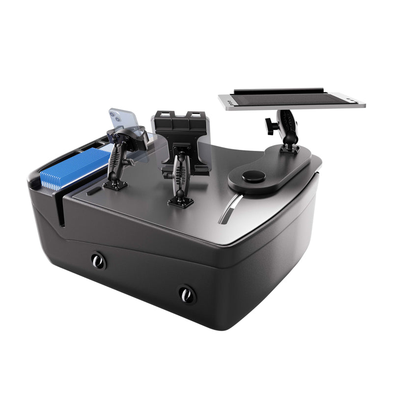 The AutoExec Reach Front Seat Car Desk with Slim-Grip® Ultra Pro and RoadVise® Ultra Pro Drill-Base Mount offers a modern, curved design in sleek black, featuring adjustable device holders and a dedicated tablet slot. With multiple compartments—including space for a blue notepad—this organizer is perfect for turning your vehicle into an efficient and stylish compact mobile workstation.