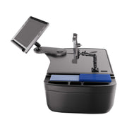 The AutoExec Reach Front Seat Car Desk with LockVise™ Locking Tablet Multi-Angle Mount features a high-tech design with a touch screen tablet secured in a locking mount, adjustable arms, and an organized stack of blue cards on a sleek black base—ideal for automating tasks or demonstrations as a versatile mobile workstation.