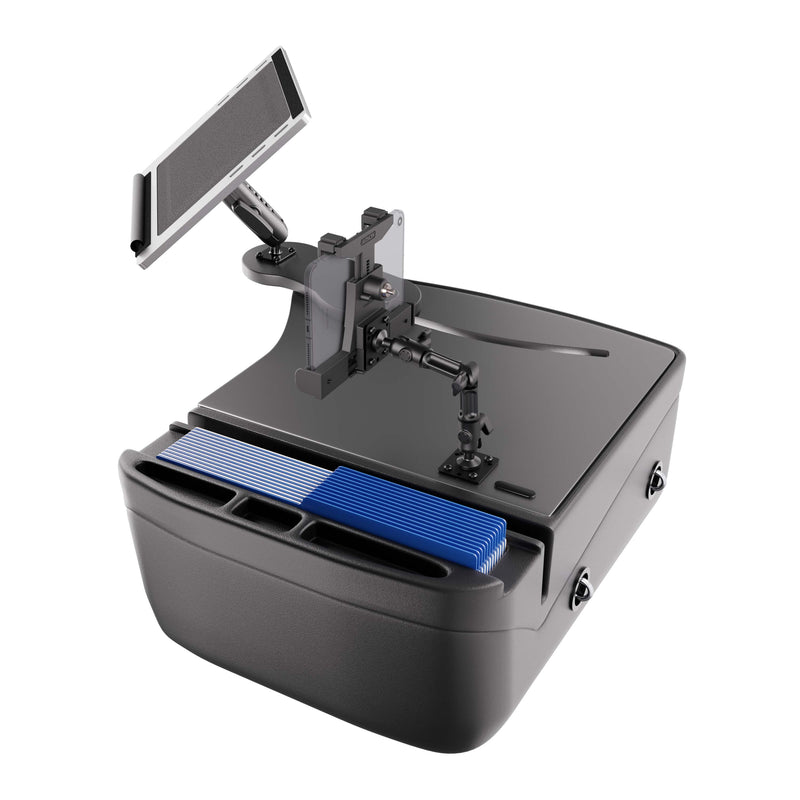 A black AutoExec Reach Front Seat Car Desk featuring a mounted touchscreen, LockVise™ locking tablet multi-angle mount, adjustable arms, and slots for holding blue cards—resembling a compact mobile workstation or point-of-sale terminal.