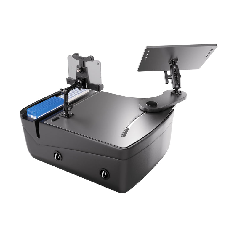 The AutoExec Reach Front Seat Car Desk with LockVise™ Locking Tablet Multi-Angle Mount is a sleek black device designed for modern mobile workstations, featuring adjustable, locking mounts to securely hold a smartphone and tablet. A blue-topped card stack sits on one side, making this tech-focused and practical car desk perfect for keeping your workspace organized on the go.